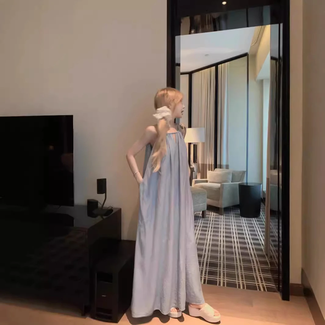 带可调节有口袋】褶皱吊带连衣裙夏季新款慵懒度假风宽松长2025