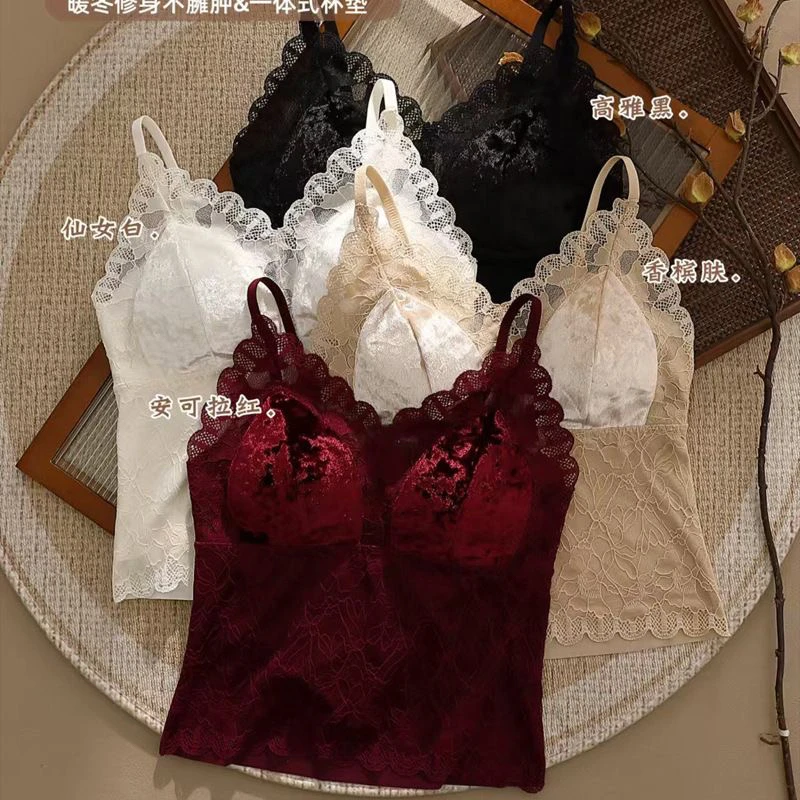 西藏包邮法式性感蕾丝金丝绒吊带内搭带胸垫美背聚拢保暖打底外穿