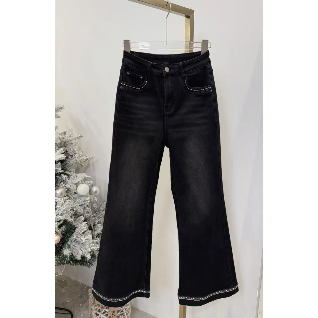 【2806】新品重工刺绣高腰微喇牛仔裤覆古宽松有弹力