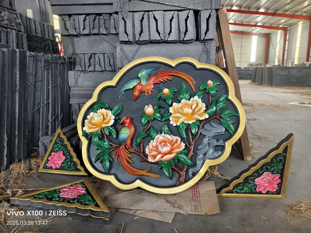 菱形富贵牡丹多边形中式庭院围墙影壁浮雕装饰定制