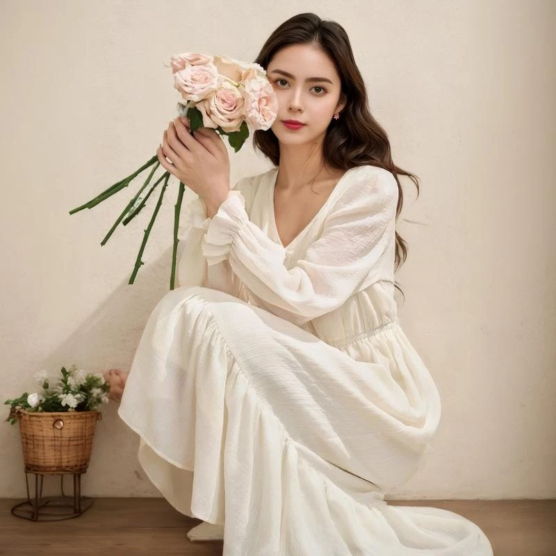 温柔白月光肌理花边长袖长款连衣裙女春季V领收腰A摆连衣裙亦谷