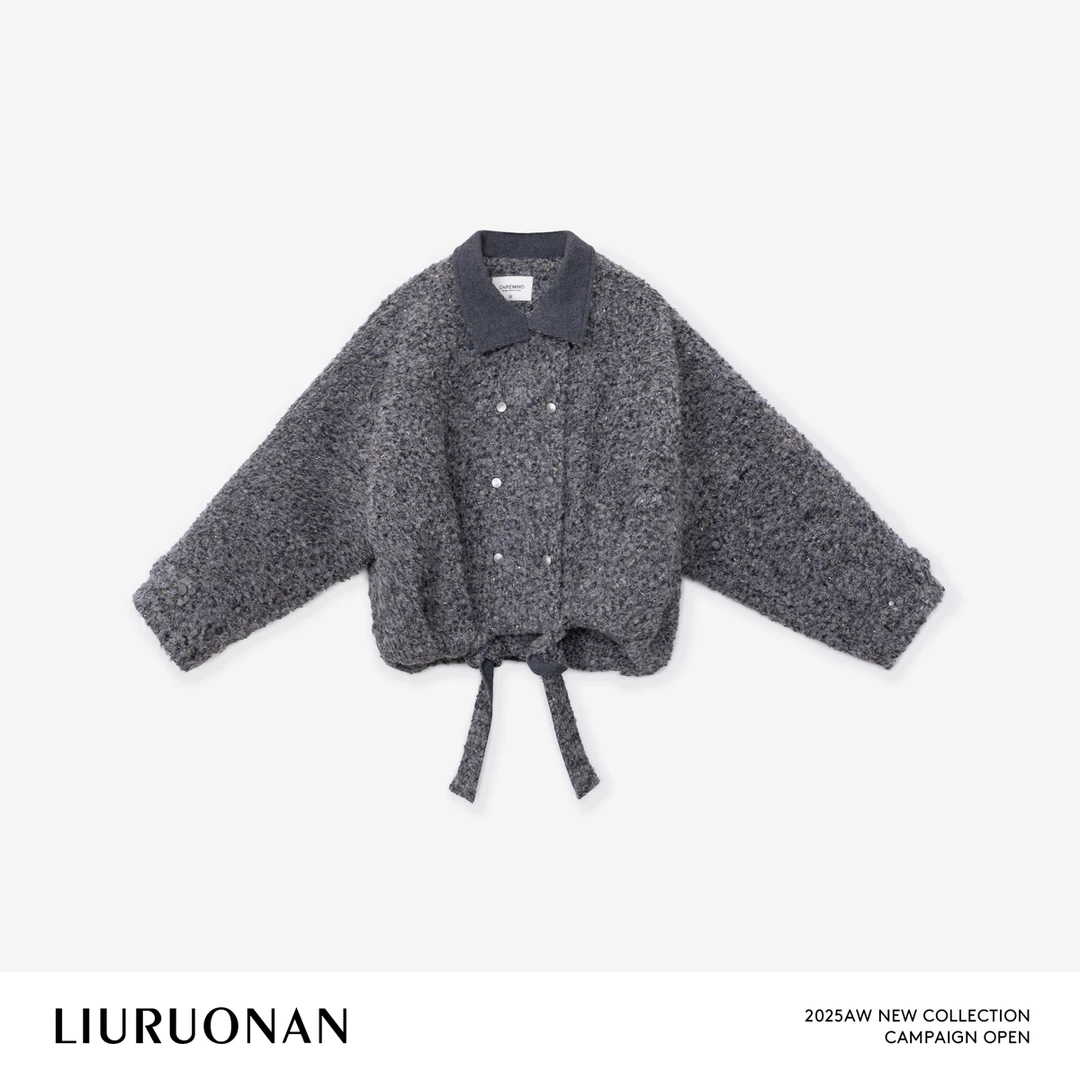 LIURUONAN 25WIN【芝麻糊】粗花呢翻领双排扣抽绳收腰保暖毛呢外套