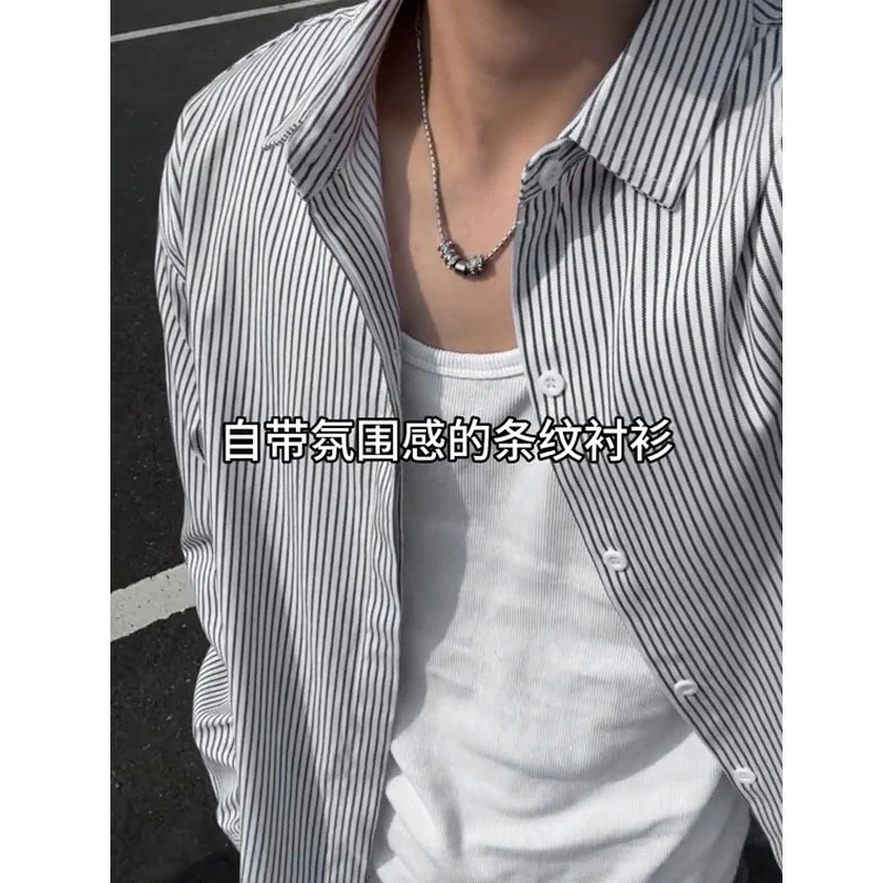 美式ins潮流条纹衬衫男生百搭秋季氛围感长袖休闲宽松痞帅衬衣男