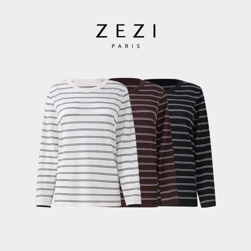 ZEZI【达人专属】100%羊毛条纹针织衫圆领长袖打底衫时尚Z13C724Z