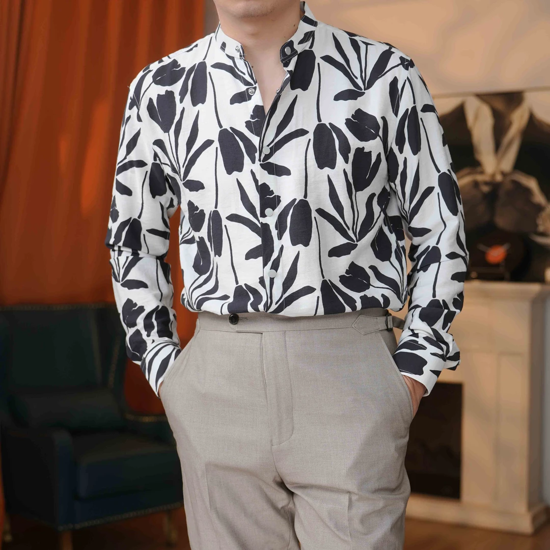 男立领男士青春修身印花长袖衬衫衬衣设计感休闲套装复古气质痞帅