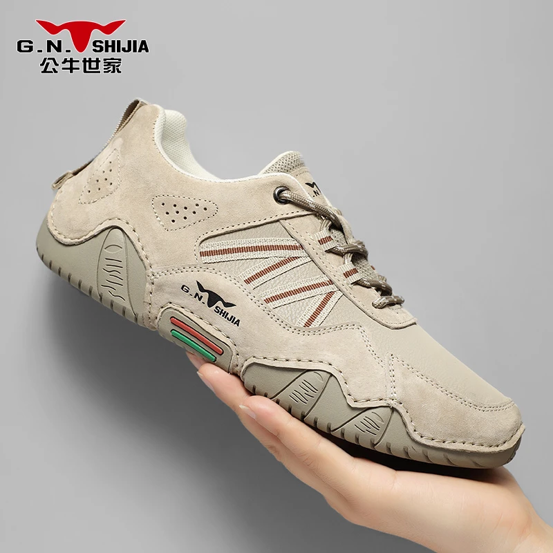 公牛世家男士秋季户外休闲鞋防滑徒步登山运动鞋低帮百搭皮面春季