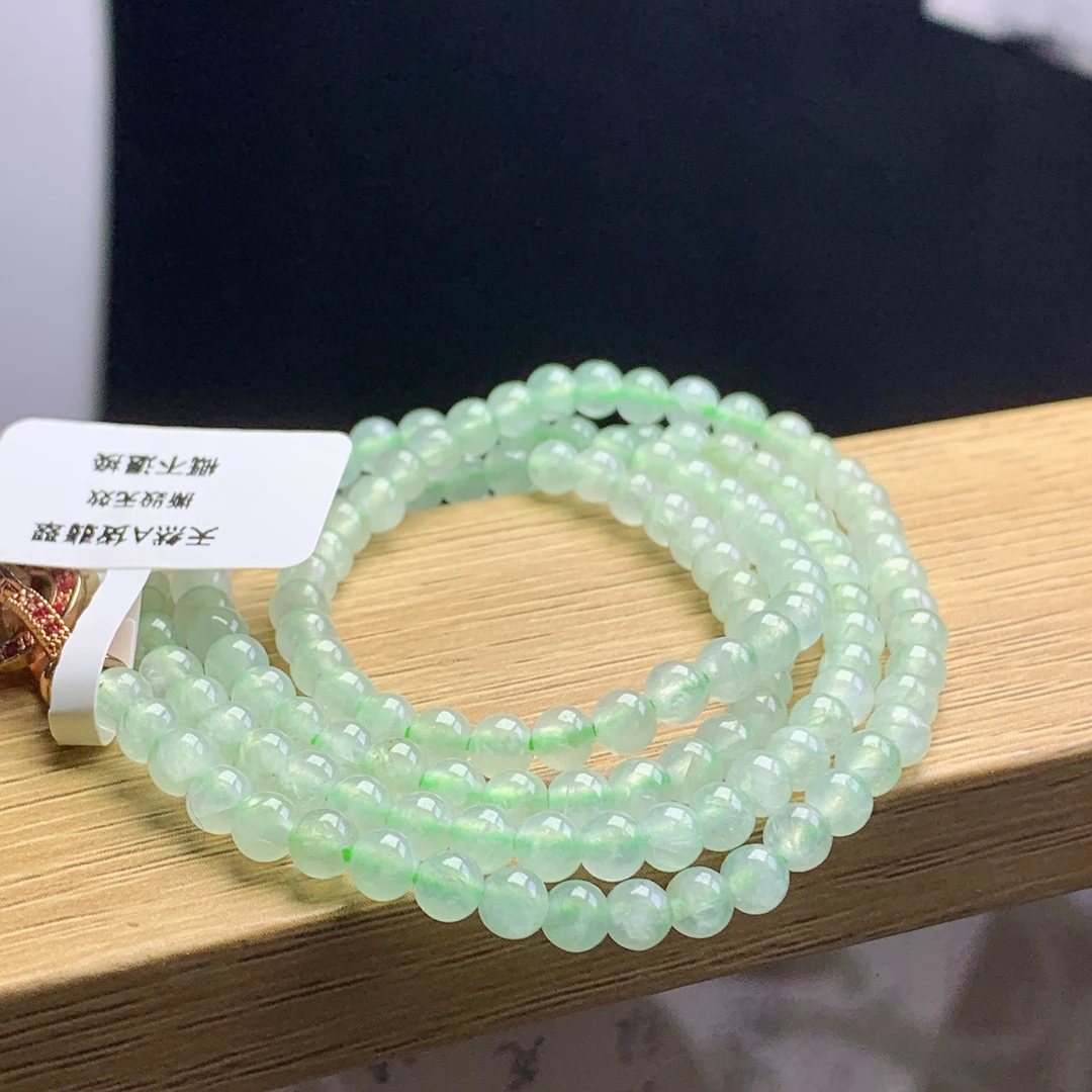 缅甸A货翡翠冰种晴绿圆珠精美浅绿珠链卡4mm项链