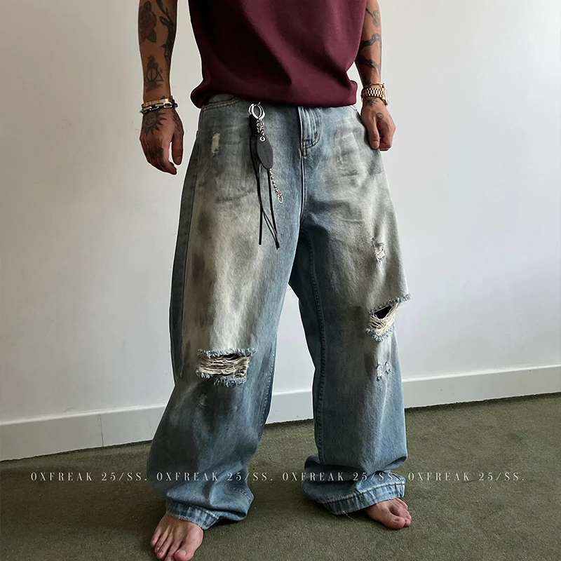 OXFREAK 「手工擦色 vintage」复古水洗破洞牛仔裤男宽松阔腿裤子