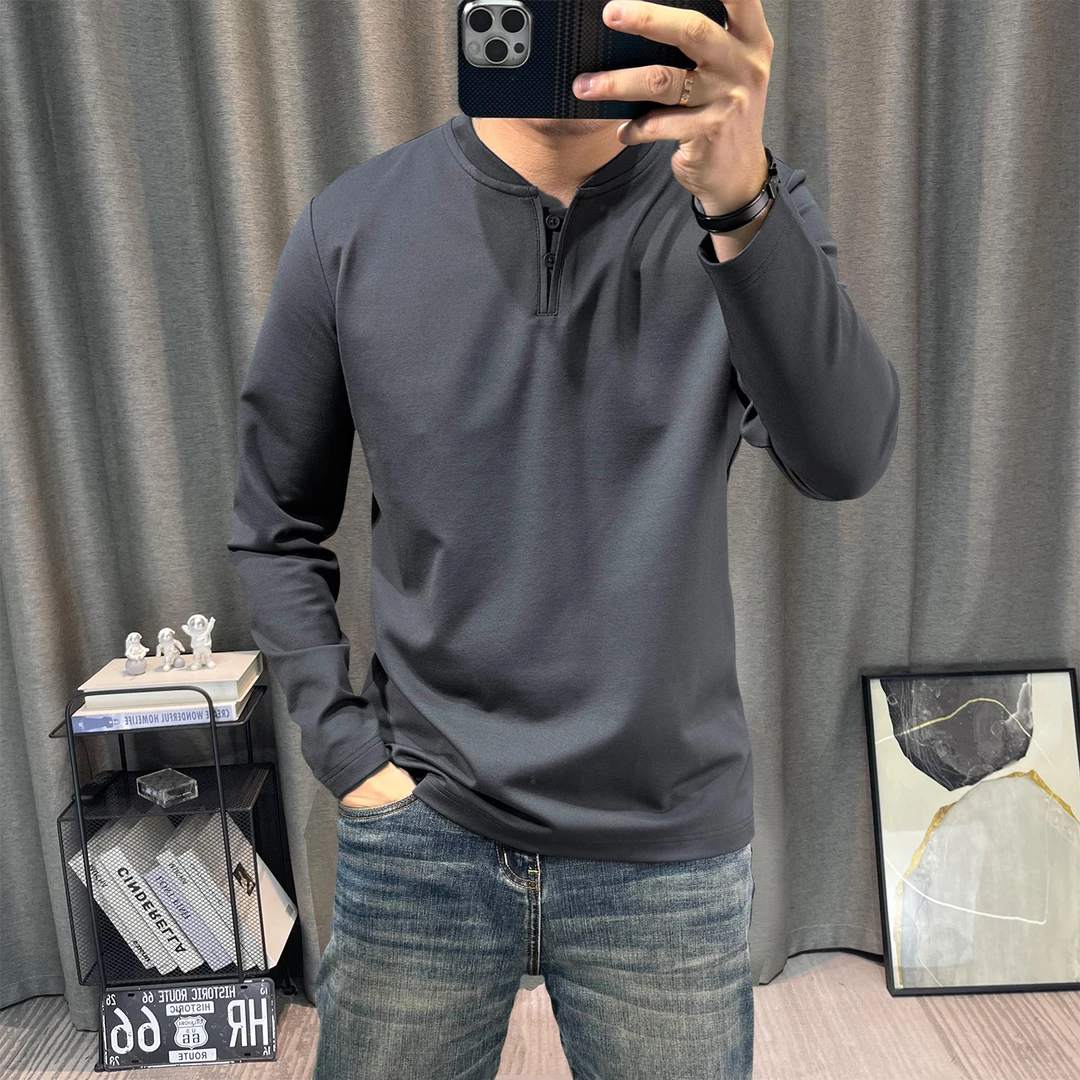 针织长袖t恤男装秋季款爆款2025新款高级感休闲亨利领修身套头衫