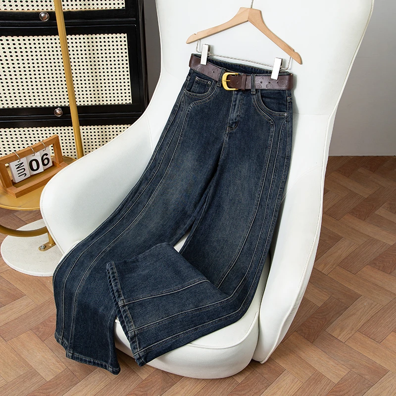 单裤/加绒高腰阔腿牛仔裤女秋季新款复古蓝修身宽松显瘦百搭裤