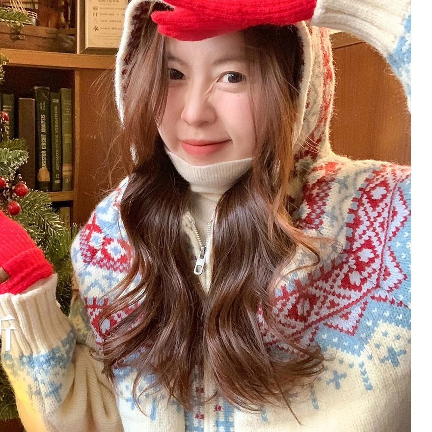 曾小咸 韩系圣诞费尔岛连帽毛衣外套ZA54MZR2294