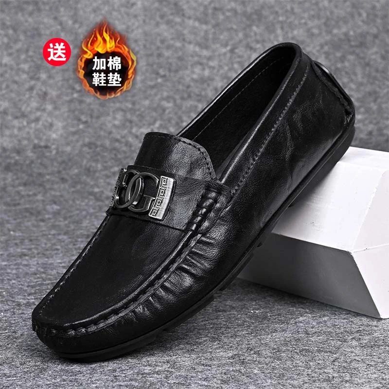 白小强手工豆豆鞋秋冬新款男款真皮牛皮一脚蹬休闲皮鞋加绒驾车鞋