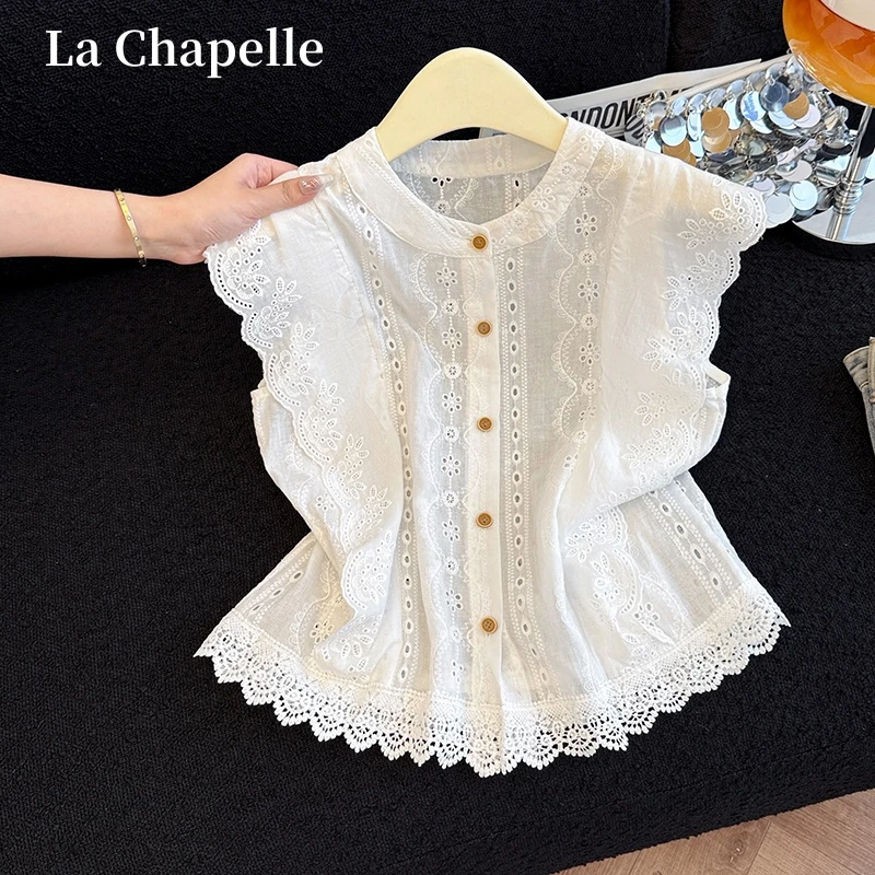 拉夏贝尔2025夏季新款气质无袖蕾丝镂空短款小飞袖白色寸衫上衣女