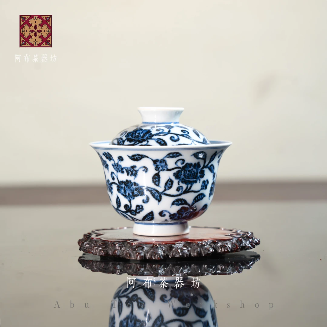 【阿布茶器坊】且斋慕明-茶菊牡丹纹-二才盖碗