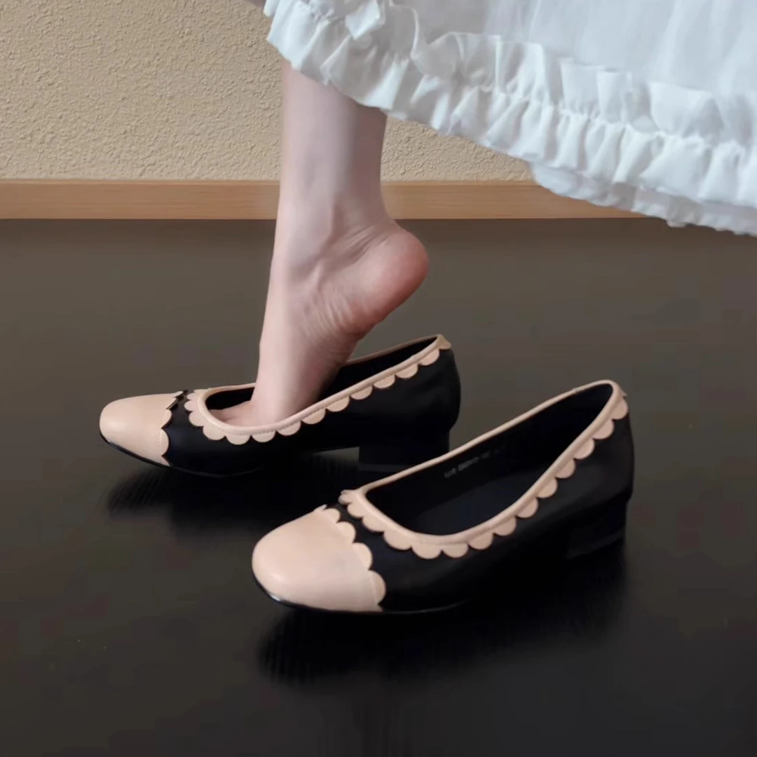 Pokoy-2cm法式复古圆头黑色一字带拼接浅口舒适通勤单鞋