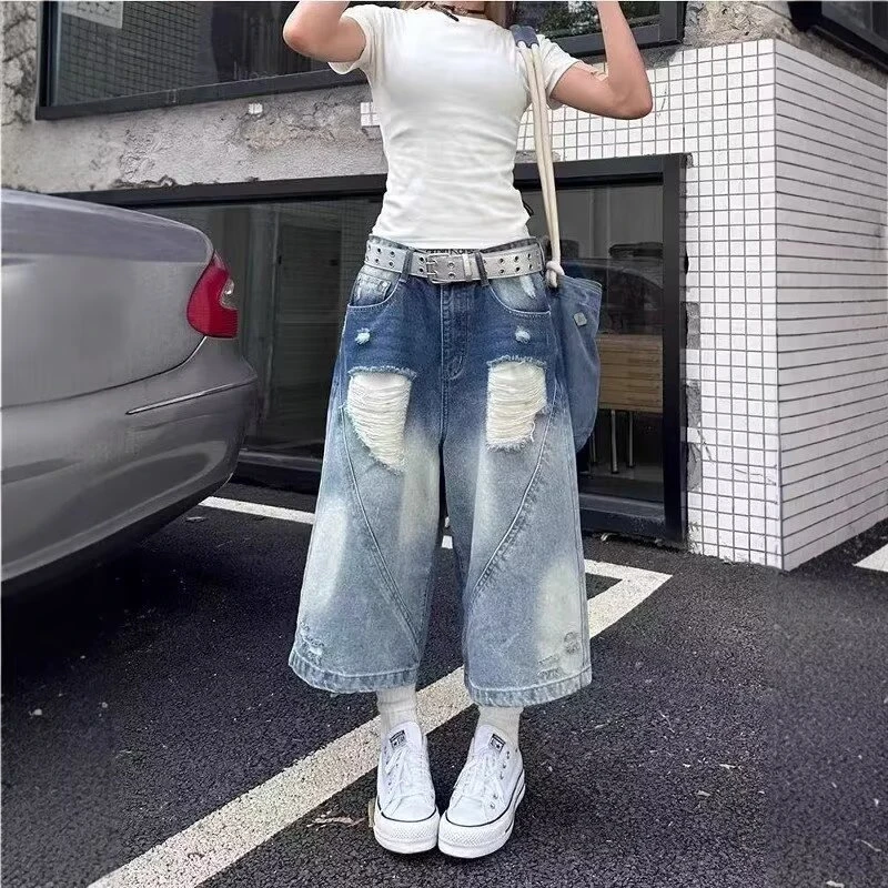 大码国潮破洞水洗七分牛仔裤女夏季新款休闲阔腿短裤