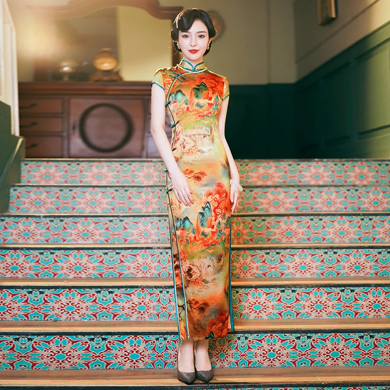 新款高贵丝绸连衣裙改良长款桑蚕丝女士名媛风私房花色御姐风格
