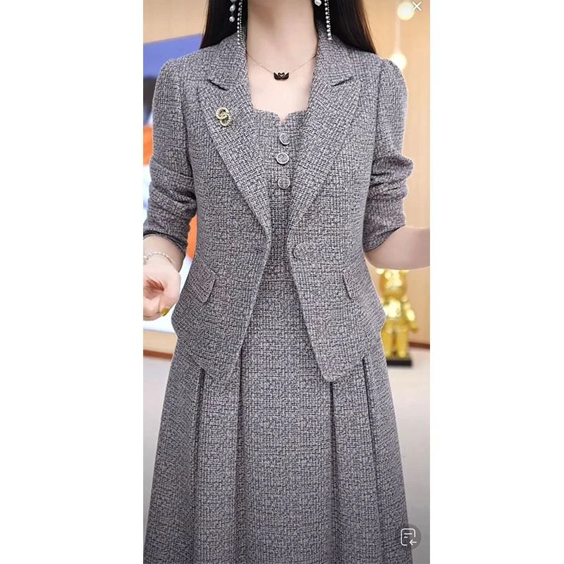 新款早秋洋气时尚遮肉显瘦中长款连衣裙女西装两件套气质淑女