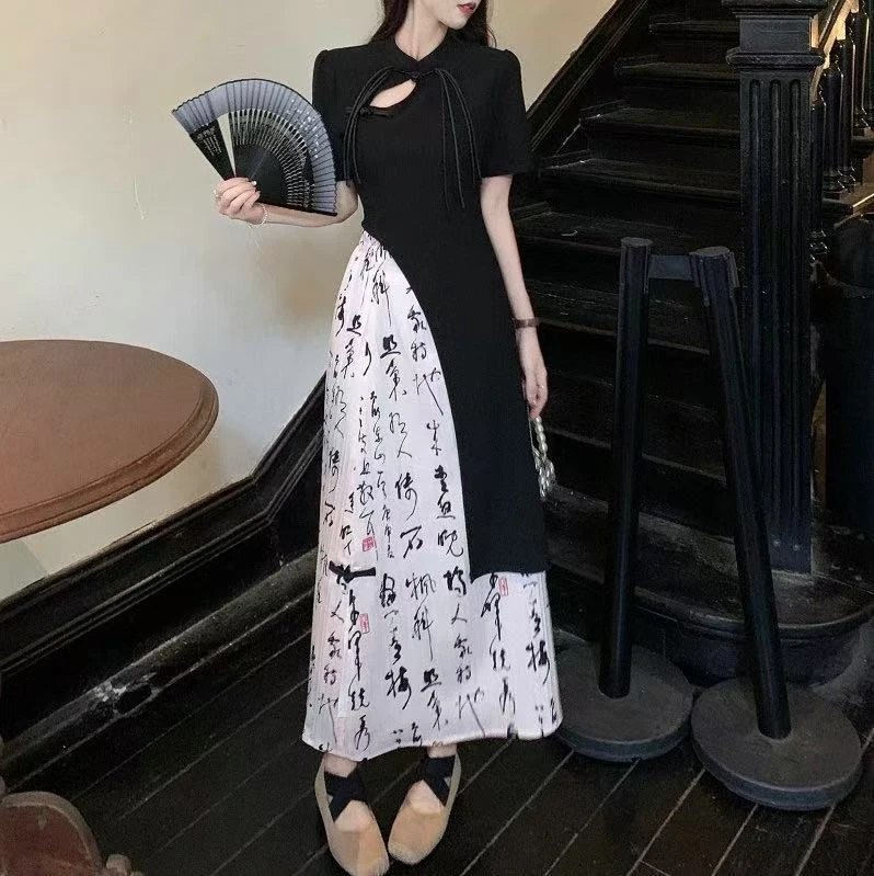 新中式国风气质复古不规则蝴蝶结显瘦半身裙亲子旗袍夏季开叉套装
