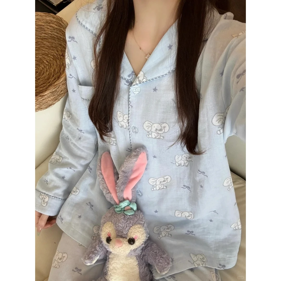 韩系甜美风可爱卡通小象印花睡衣女秋季新款长袖长裤家居服套装