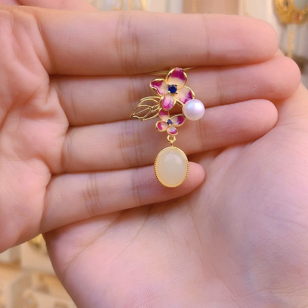 和田玉颈饰银S925镀金镶嵌