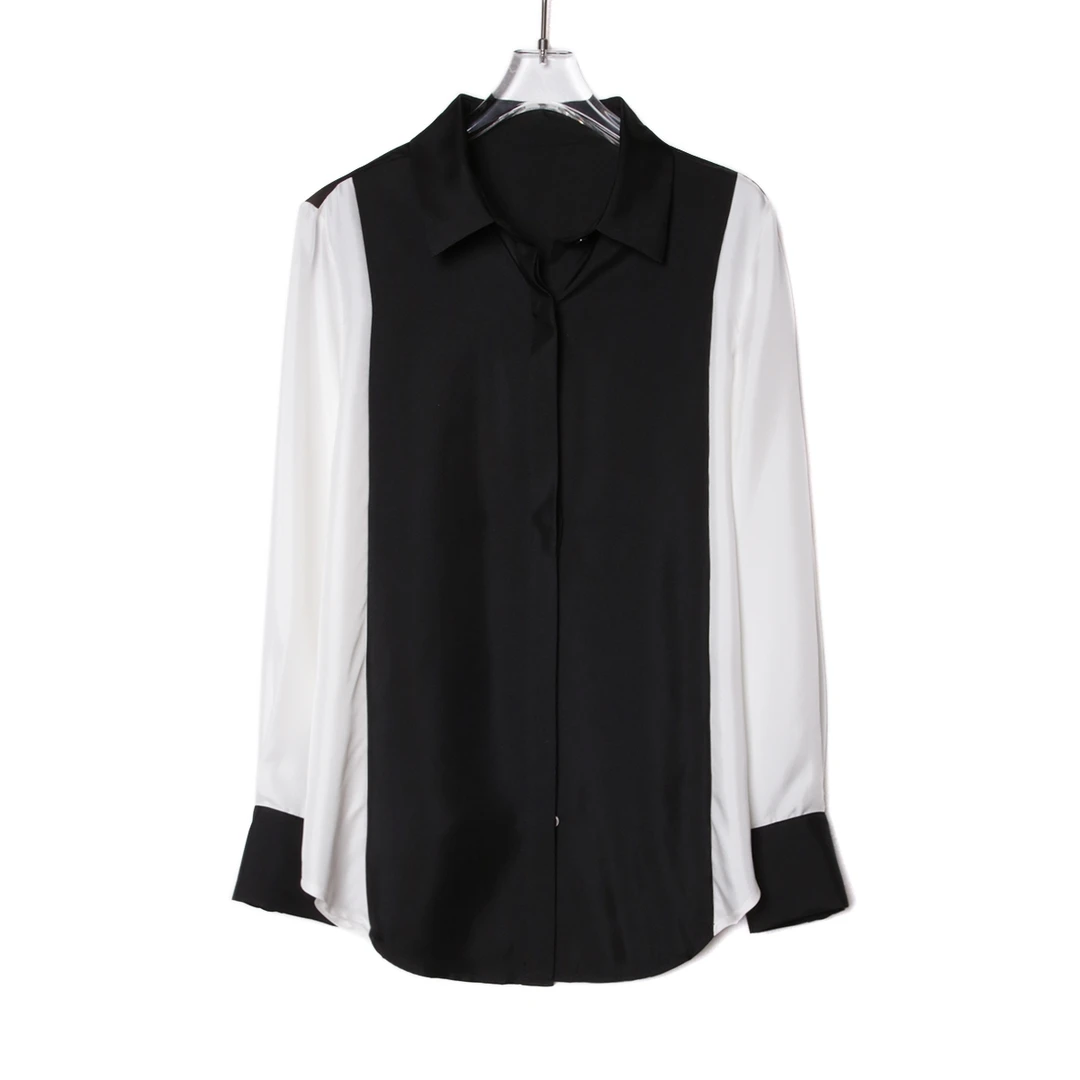 翻领长袖拼接春季宽松斜纹绸黑白衬衫女士百搭秋季C421836