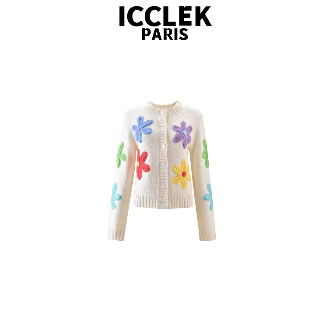 ICCLEK 彩色花朵圆领纽扣长袖针织开衫上衣气质秋冬百搭外套-9196