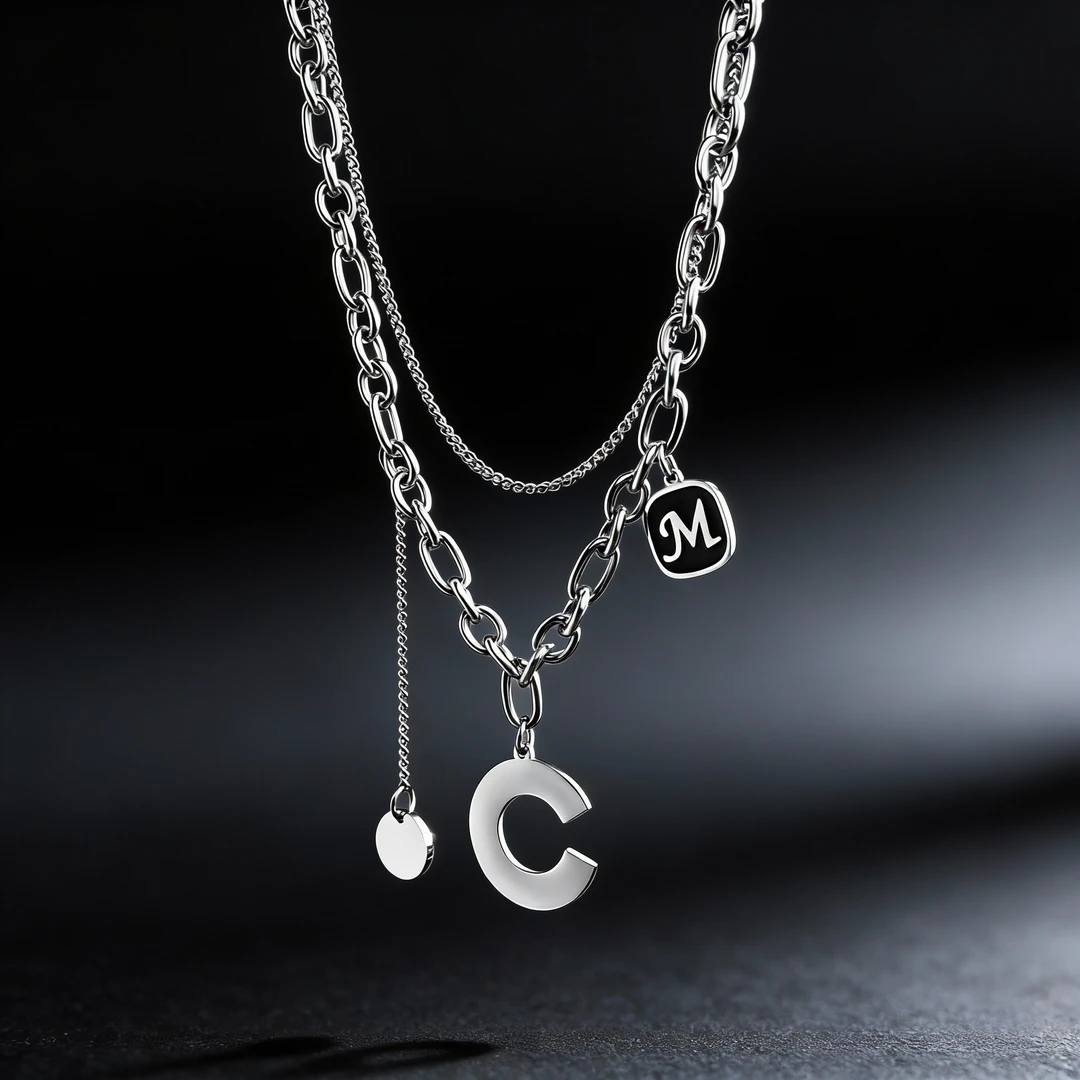 钛钢项链 双层字母流苏项链女小众潮酷个性秋冬毛衣链7062