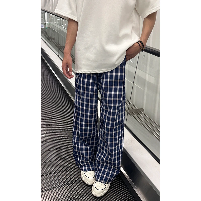 童锦程同款藏青色泡泡纱裤子男夏季美式复古格子休闲裤宽松慵懒裤