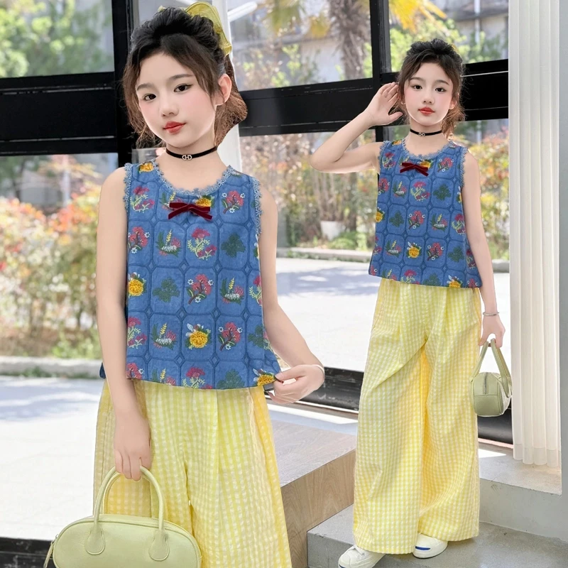 女童繁花背心套装2025夏季新款无袖马甲女大童复古格子薄款裤子潮