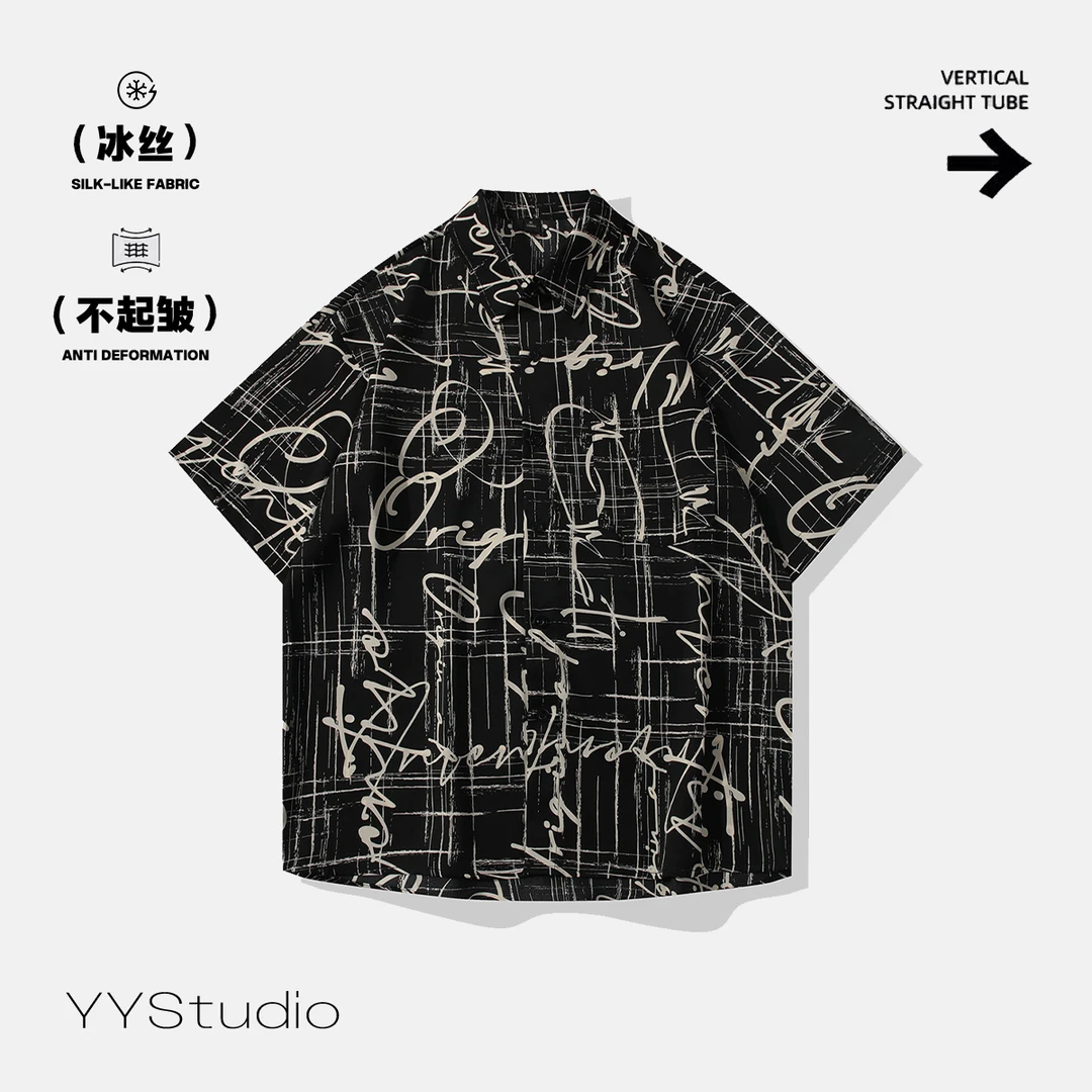 透气冰丝沙滩风情侣印花复古薄款时尚夏季翻领休闲短袖衬衫