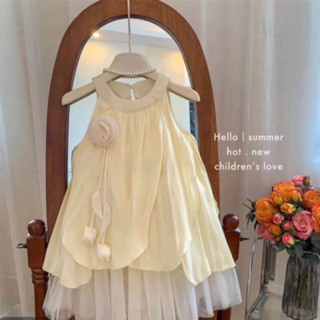 七禧童装2025年春夏新款重工纱裙花朵米黄色挂脖高端气质公主风