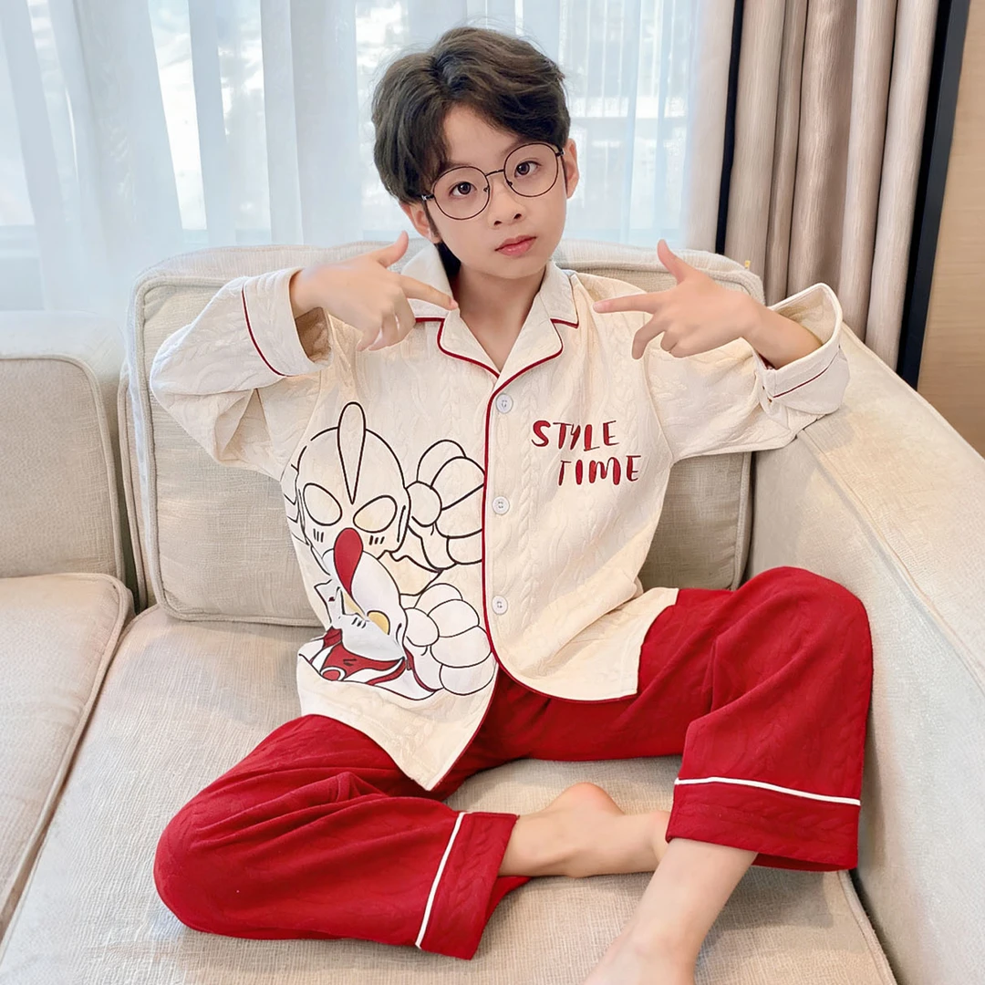 新年红色儿童睡衣翻领春秋纯棉男童卡通喜庆本命年中大童家居套装
