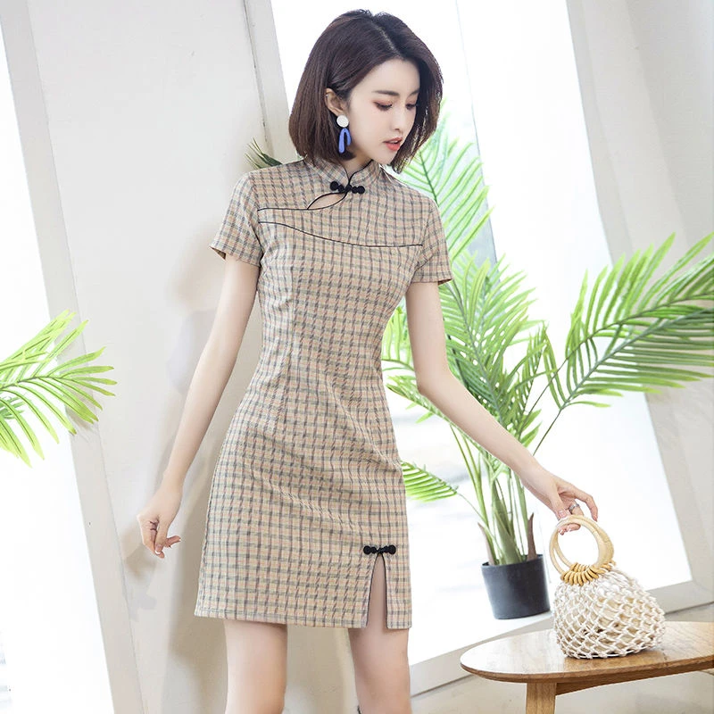 小个子旗袍女2025新款年轻款少女高端复古民国格子改良新中式低领