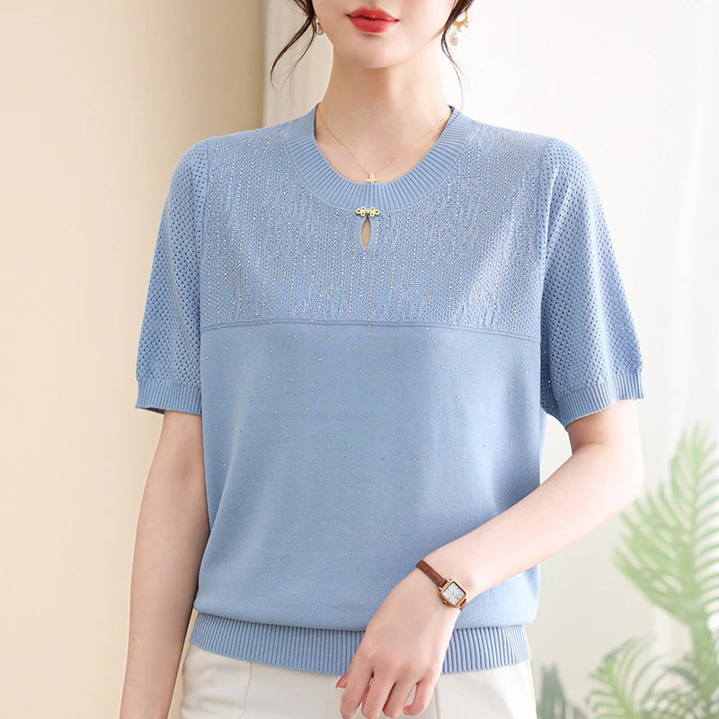 夏季圆领薄款短袖T恤女宽松新款针织衫百搭气质妈妈夏装上衣2531
