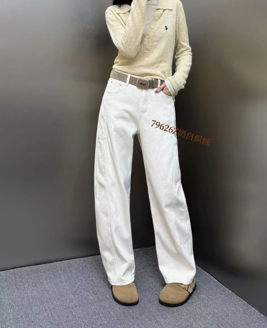 秋冬女高腰牛仔裤白色长裤弯刀奶白长裤休闲裤时尚