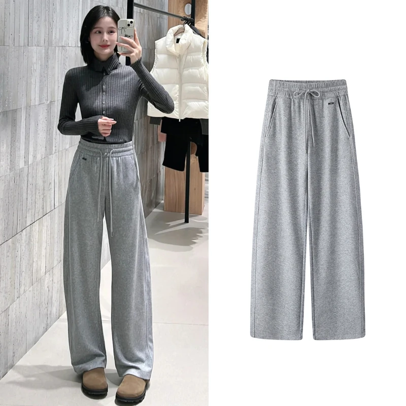 K1019【M】商场同款2024冬新款复古宽松紧腰抽绳系带直筒裤子休闲裤