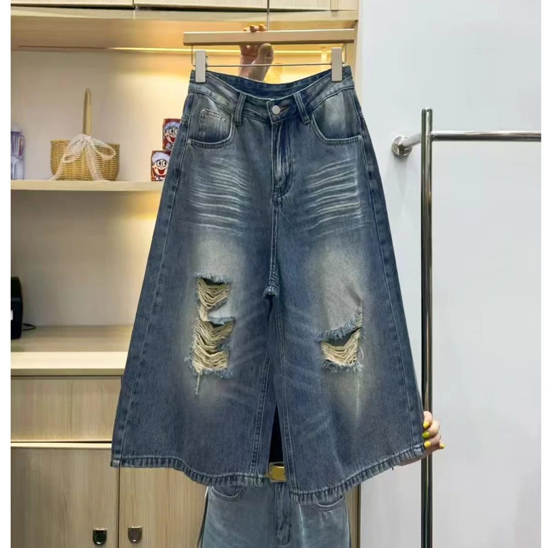 欧韩新款前后破洞牛仔七分裤薄款韩版宽松高腰直筒中裤休闲阔腿裤