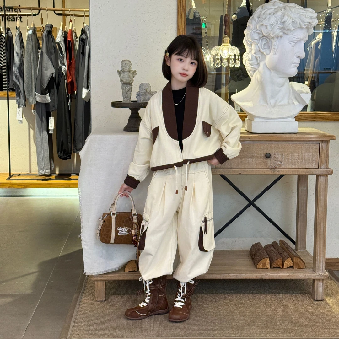 春秋设计款撞色琥珀流光工装套装2025女童开衫个性韩版时尚两件套