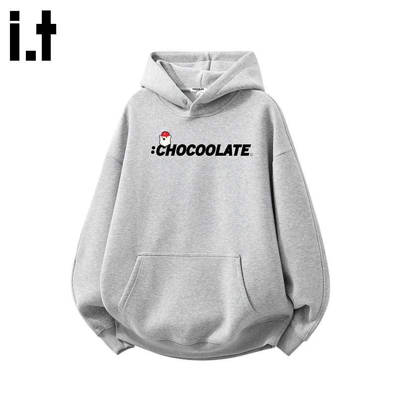 i.t:CHOCOOLATE花灰色连帽卫衣男士2025秋季新款印花长袖套头上衣
