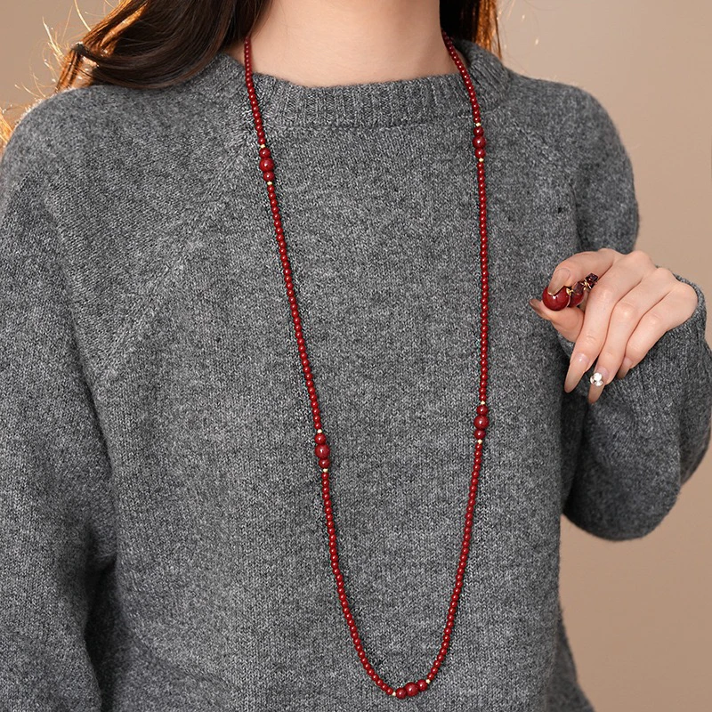 铜项链 精品/安可拉红项链耳钉套装气质长款叠戴毛衣链复古高级感