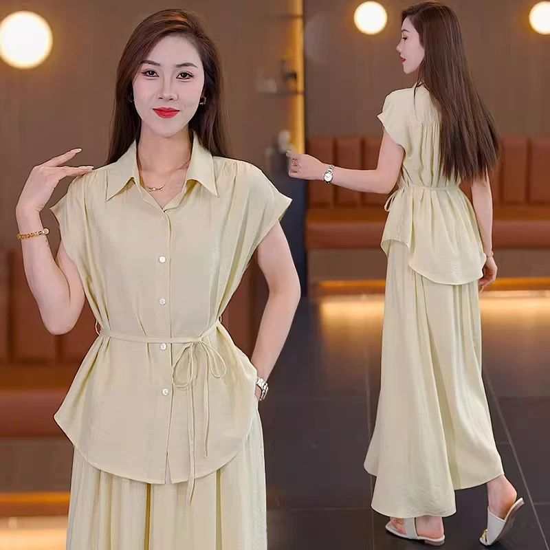 新款时尚套装女2025夏季气质显瘦收腰短袖衬衫半身裙休闲两件套潮