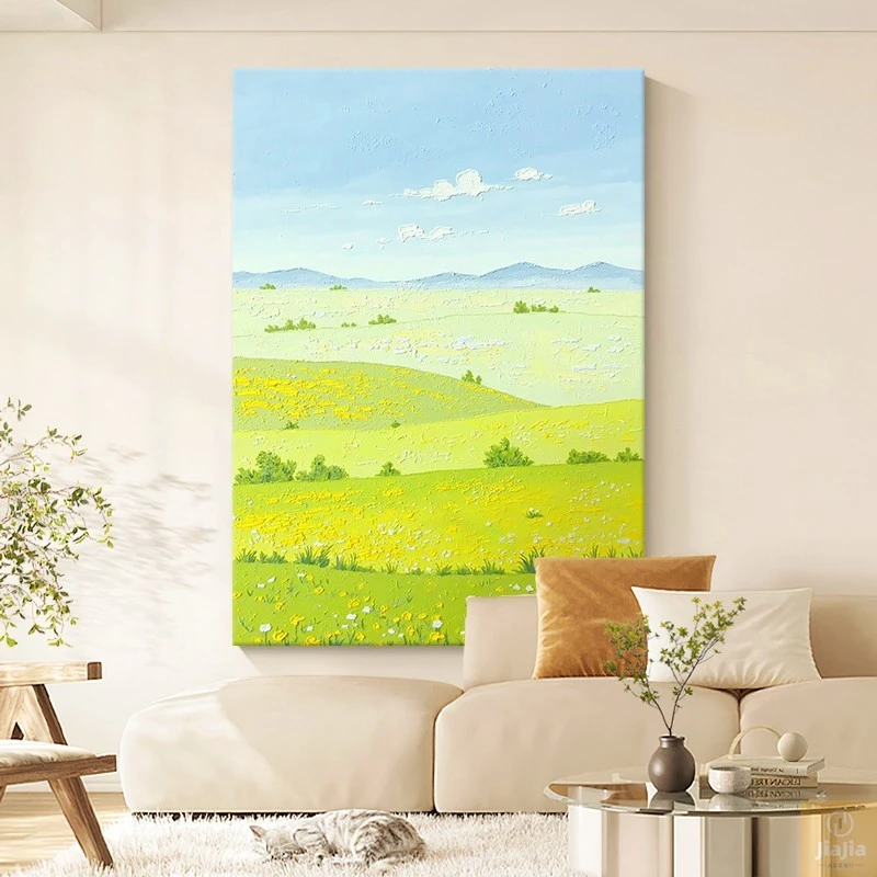 绿色草原纯手绘油画治愈系风景客厅装饰画竖版走廊过道玄关挂画