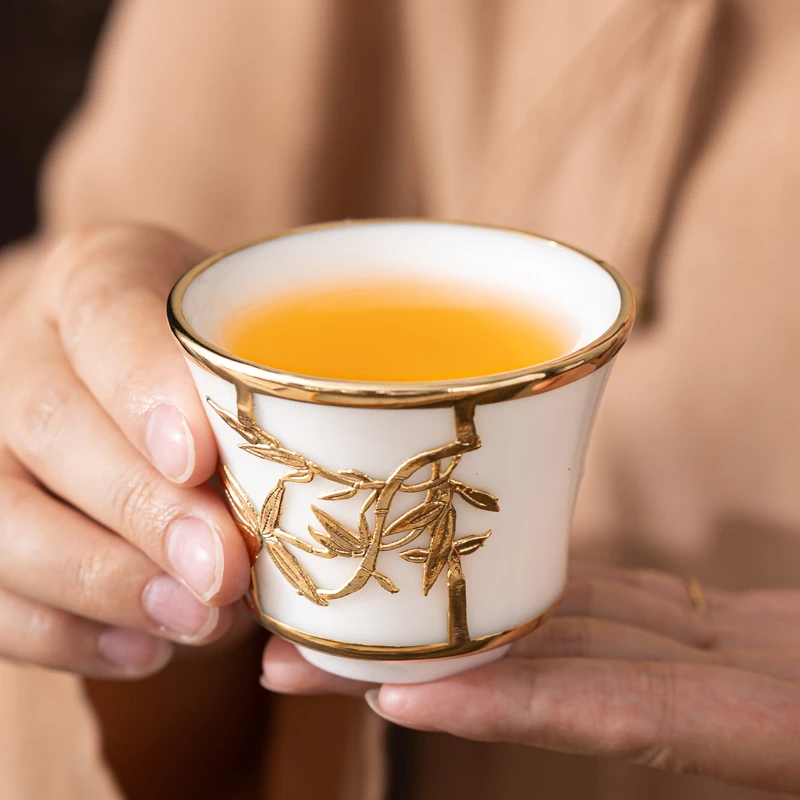 徐福坤签名款金锡镶茶杯厚釉玉瓷手工高档白瓷茶具家用主人杯