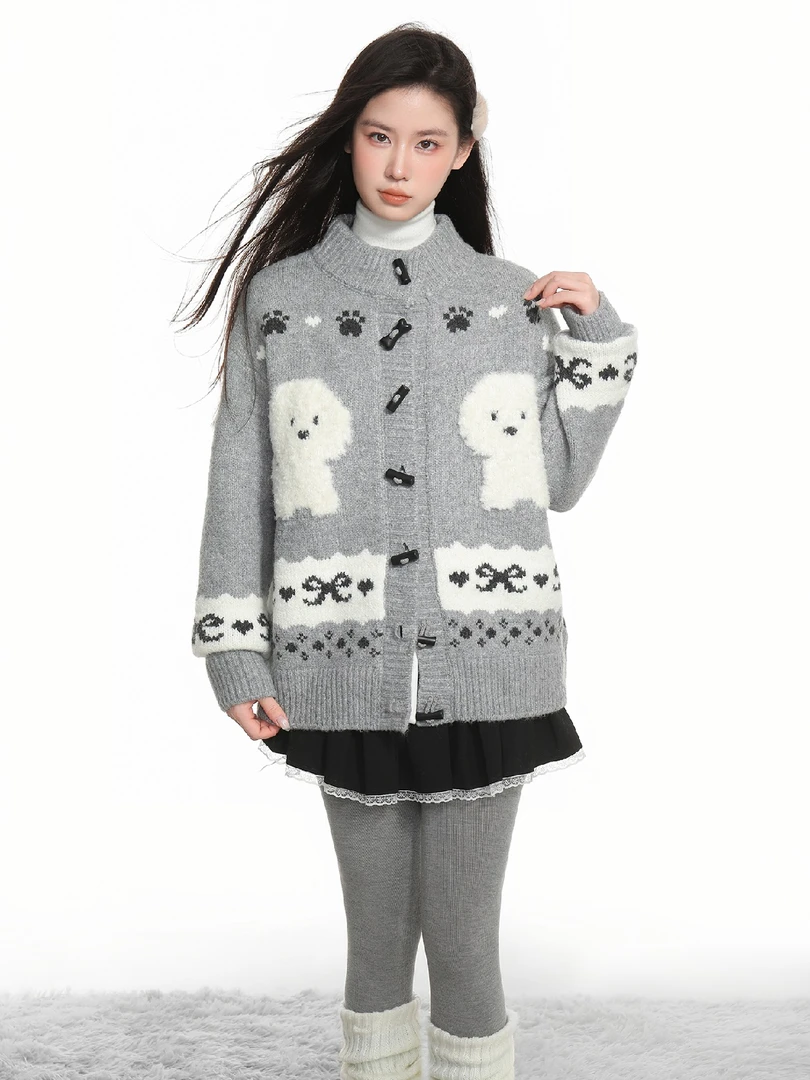 费尔岛小狗提花毛衣外套女秋冬新款韩系软糯可爱小个子厚针织衫
