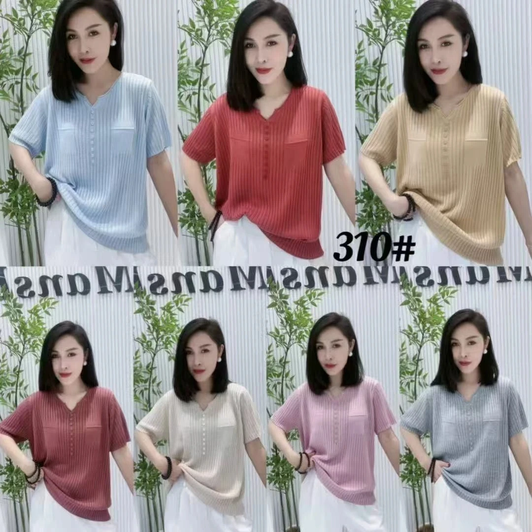 310夏季薄款V领扣子短袖