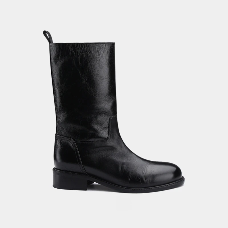 Y版2025新款加绒HOWUS中筒靴女时尚简约一脚蹬女靴百搭平底马丁靴