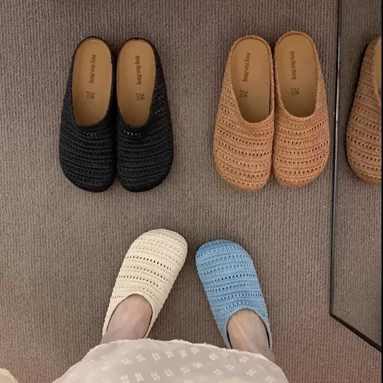 2025夏季纯色编织外穿半拖鞋 沙滩软底懒人一脚蹬平底凉鞋T