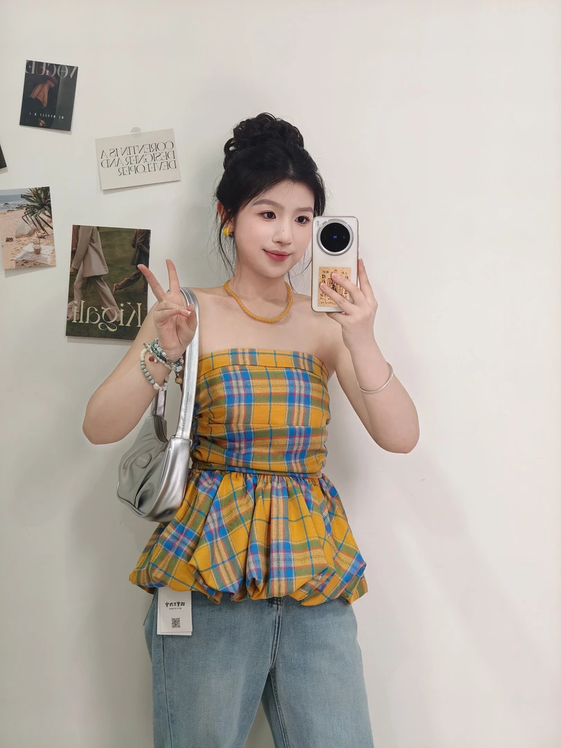 【故里】2025新款纯欲甜辣风复古抹胸上衣性感高腰撞色格子背心