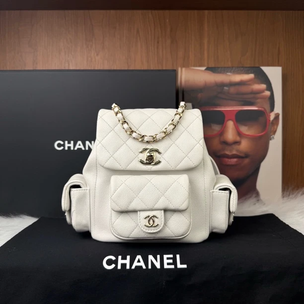 未使用 Chanel/香奈儿 23k白色配淡金坦克双肩包经典菱格